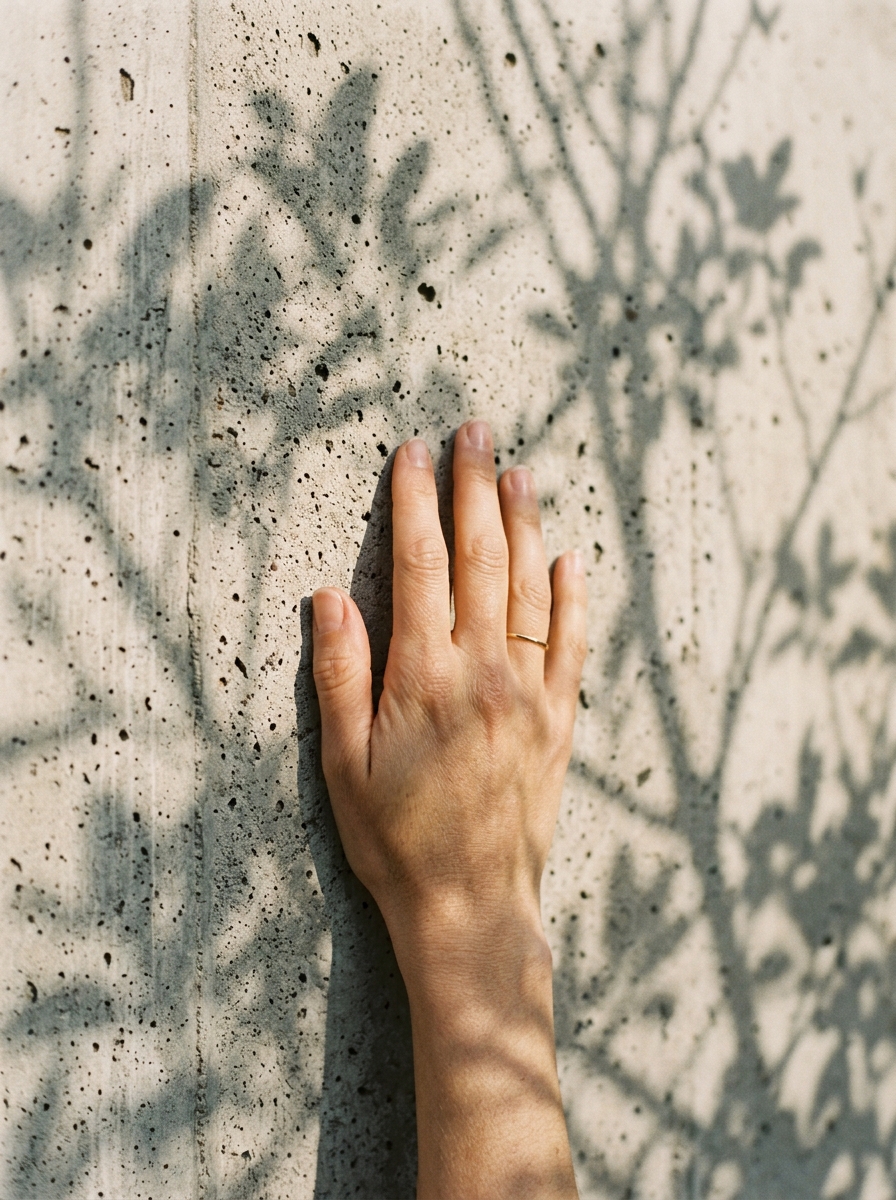 Abstract architectural view of a hand touching a textured concrete wall with tree leaf shadows